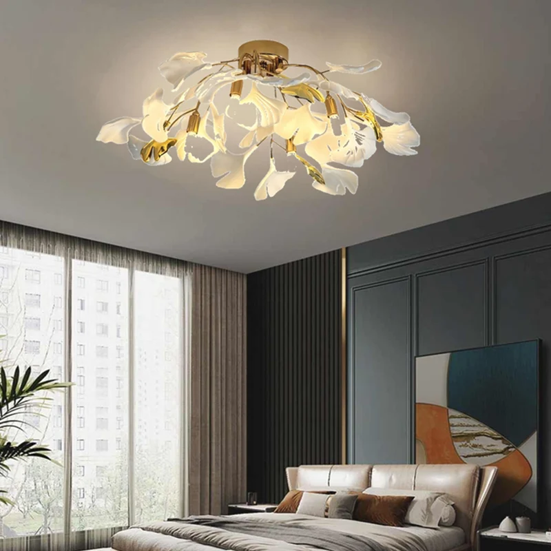 Semi-Flush Mount Ceiling Light Artistic Ginkgo Leaves, White & Gold