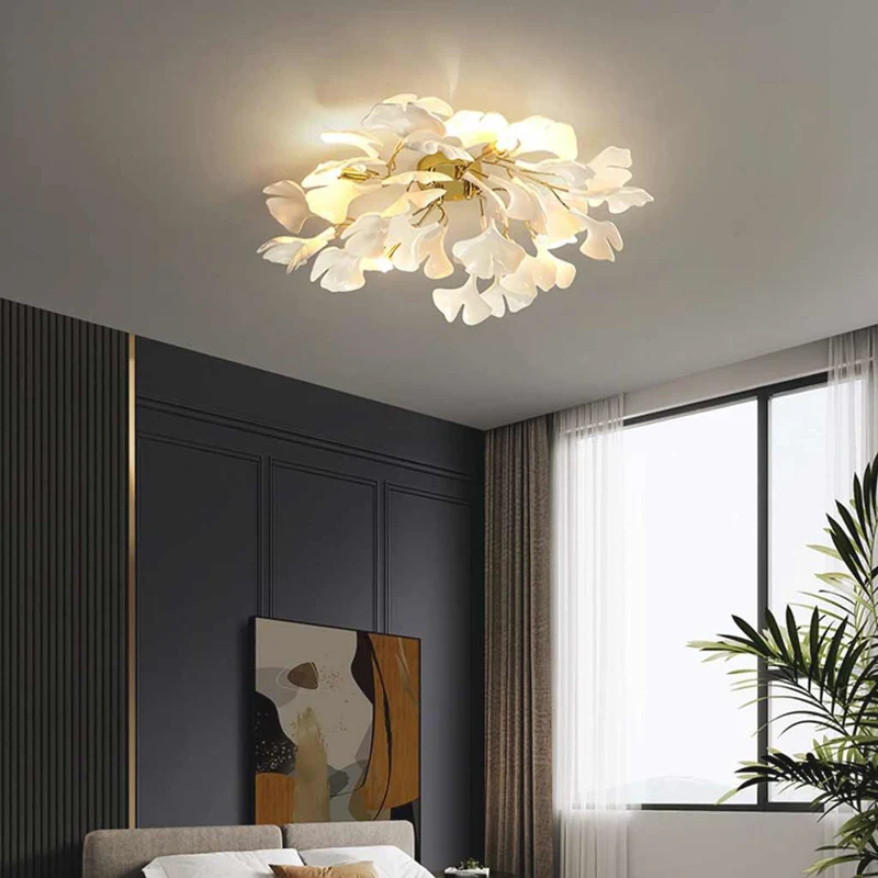 Semi-Flush Mount Ceiling Light Artistic Ginkgo Leaves, White & Gold