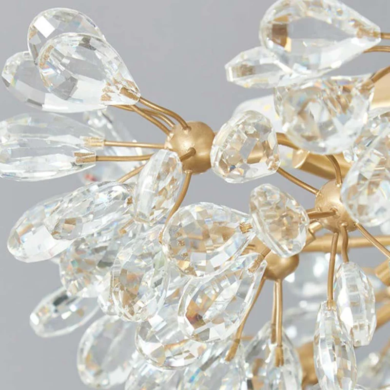 Semi-Flush Ceiling Light French Brass Crystal Flower, Gold