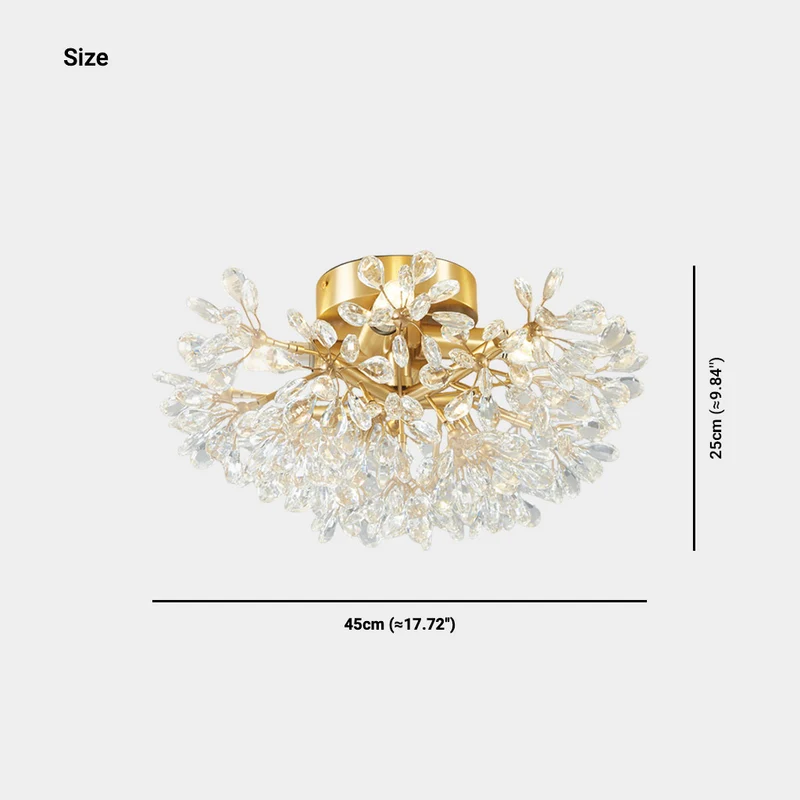 Semi-Flush Ceiling Light French Brass Crystal Flower, Gold