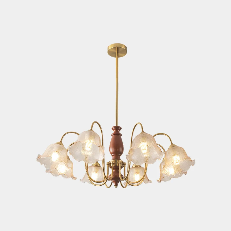 Chandelier Vintage Walnut Wood Amber Glass Flower Lily of the Valley