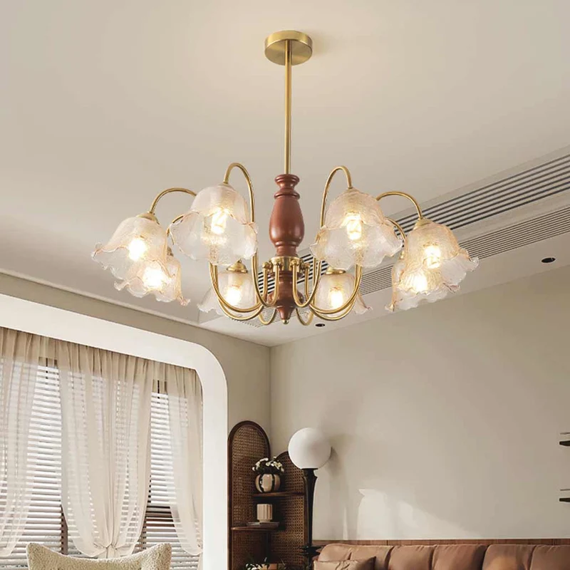 Chandelier Vintage Walnut Wood Amber Glass Flower Lily of the Valley