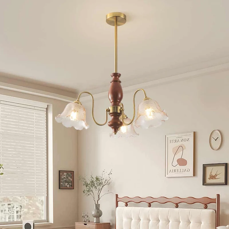 Chandelier Vintage Walnut Wood Amber Glass Flower Lily of the Valley