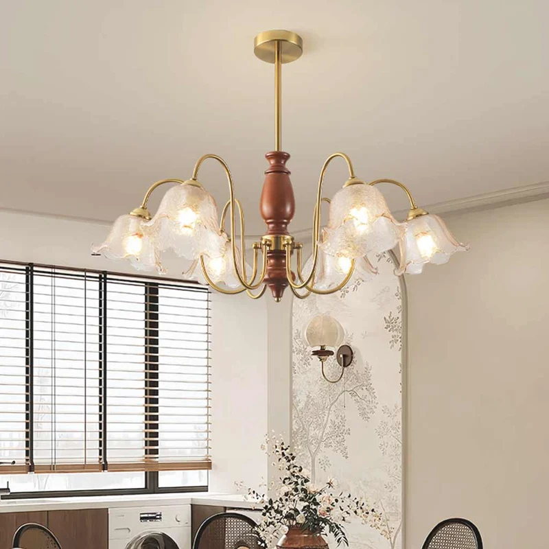 Chandelier Vintage Walnut Wood Amber Glass Flower Lily of the Valley