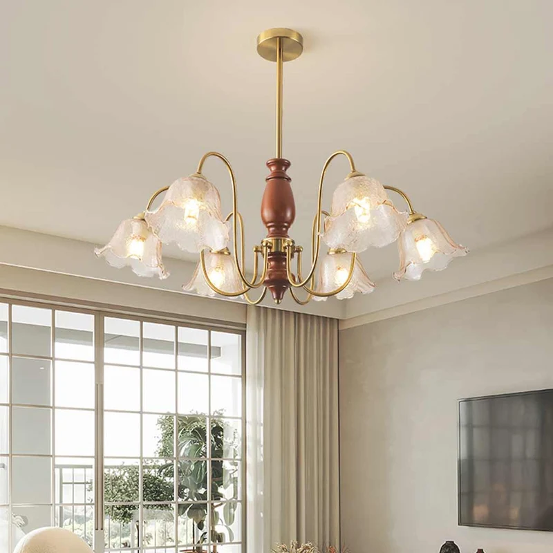 Chandelier Vintage Walnut Wood Amber Glass Flower Lily of the Valley