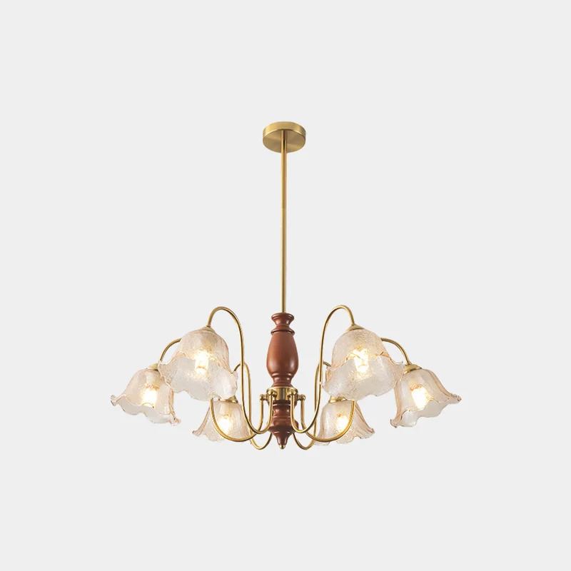 Chandelier Vintage Walnut Wood Amber Glass Flower Lily of the Valley