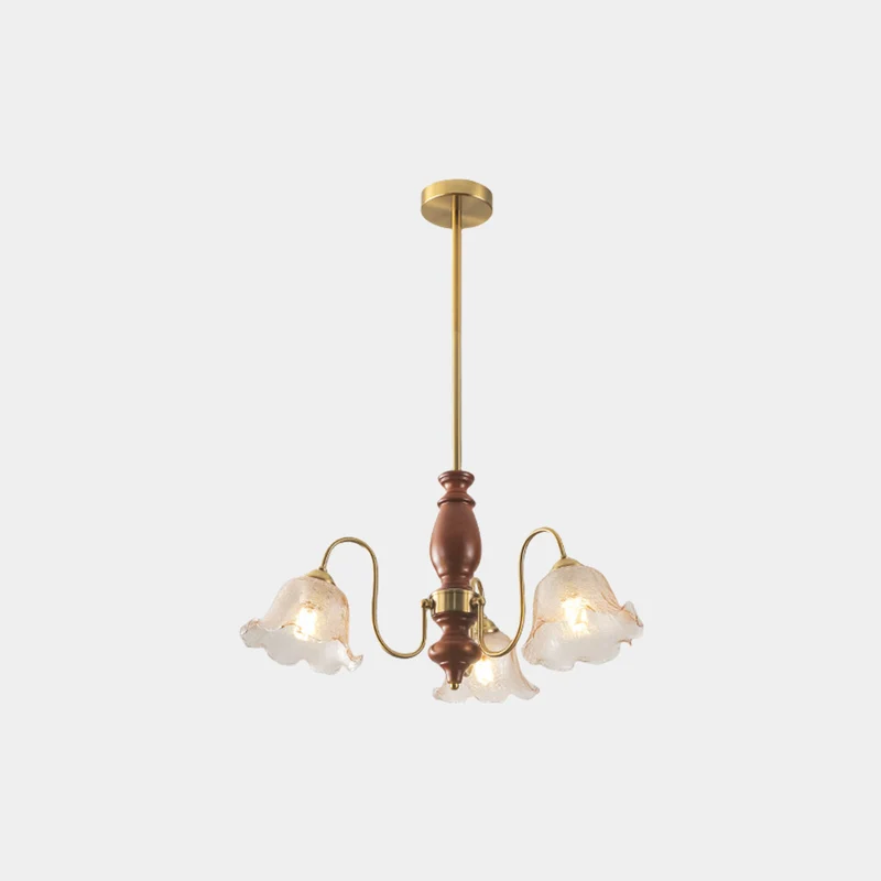 Chandelier Vintage Walnut Wood Amber Glass Flower Lily of the Valley