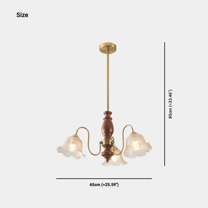 Chandelier Vintage Walnut Wood Amber Glass Flower Lily of the Valley