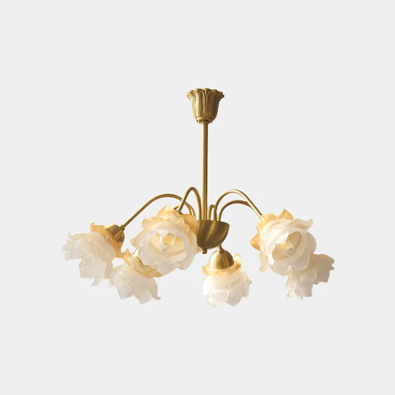 Chandelier French Vintage Brass Glass Flower