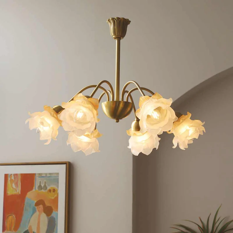 Chandelier French Vintage Brass Glass Flower