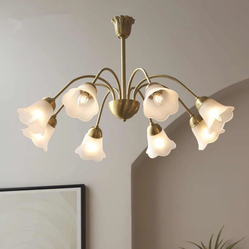 Chandelier French Vintage Brass Glass Flower