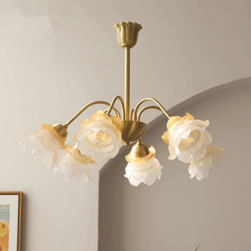 Chandelier French Vintage Brass Glass Flower