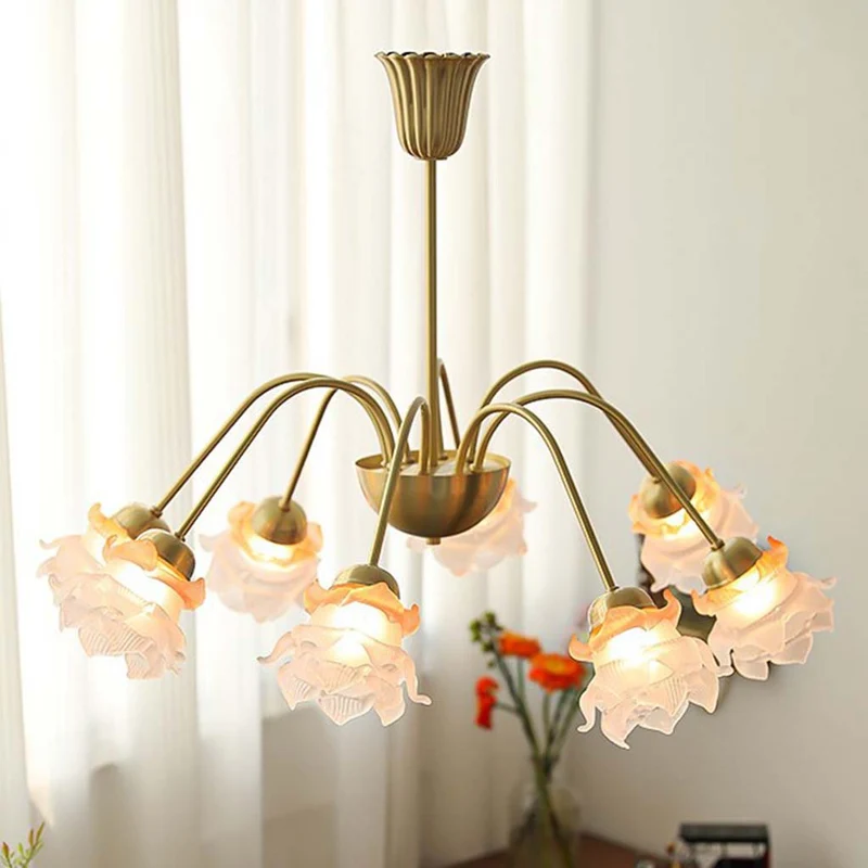 Chandelier French Vintage Brass Glass Flower