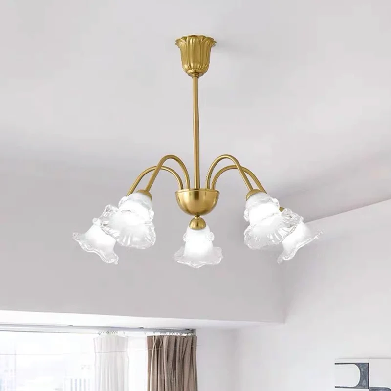 Chandelier French Vintage Brass Glass Flower