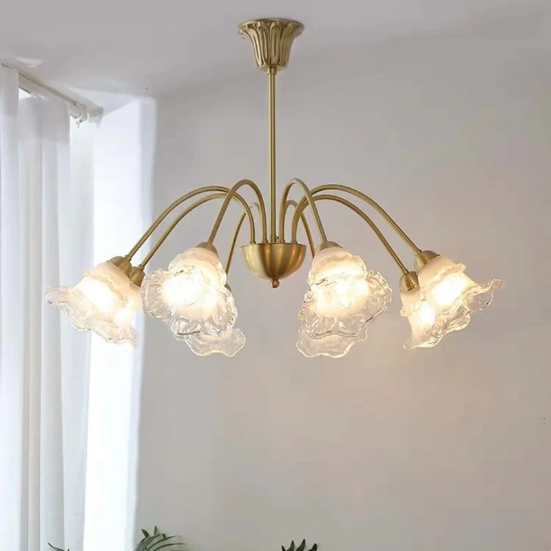 Chandelier French Vintage Brass Glass Flower