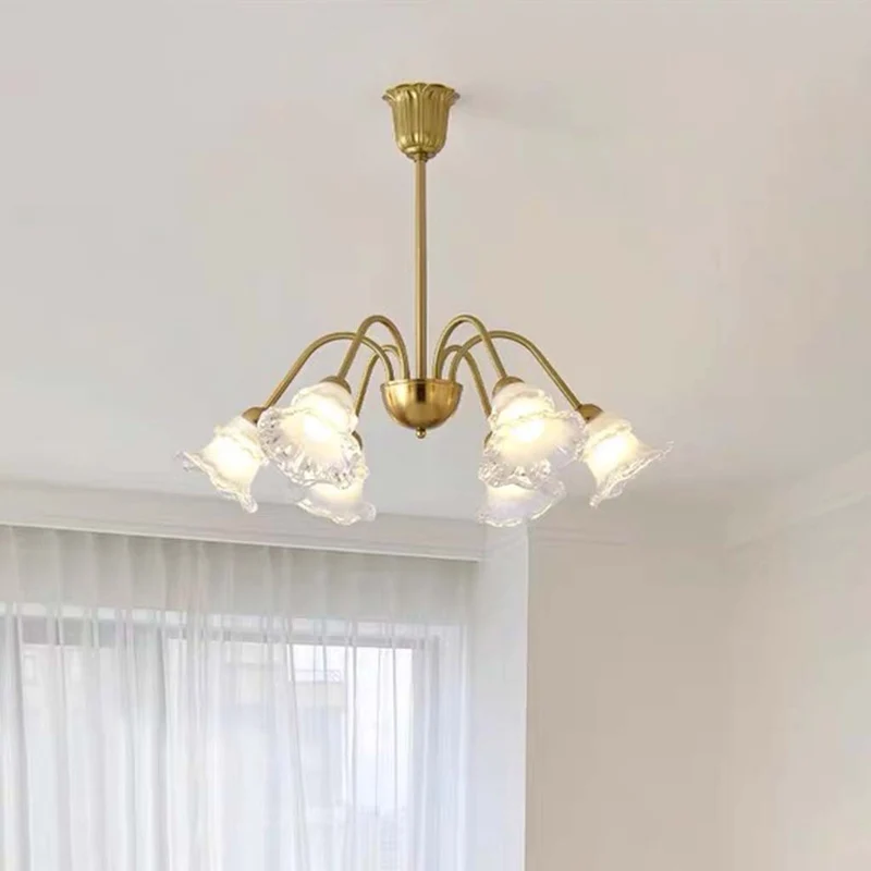 Chandelier French Vintage Brass Glass Flower