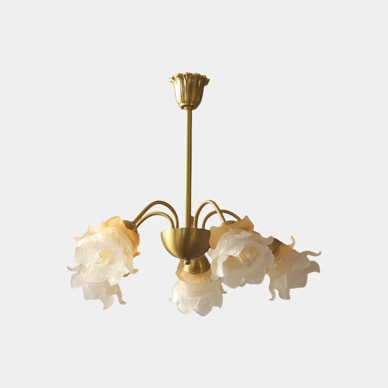 Chandelier French Vintage Brass Glass Flower