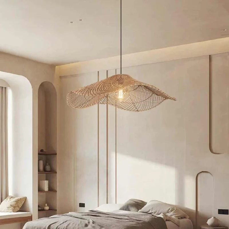 Hanging Pendant Light Japandi Woven Rattan Straw Hat