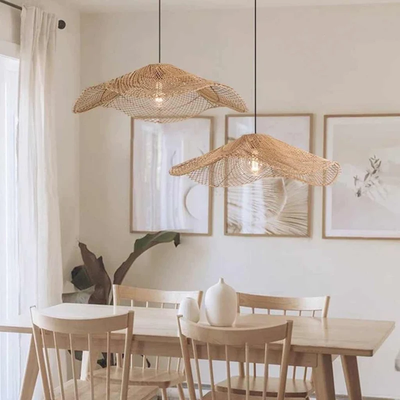 Hanging Pendant Light Japandi Woven Rattan Straw Hat