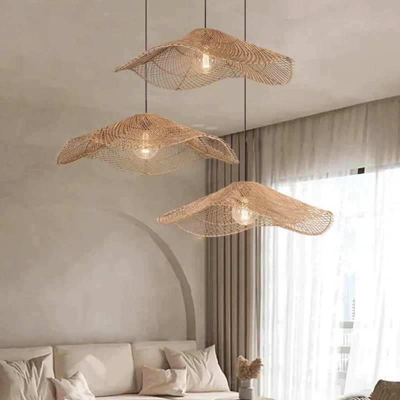 Hanging Pendant Light Japandi Woven Rattan Straw Hat