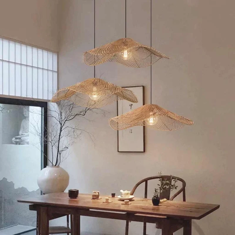 Hanging Pendant Light Japandi Woven Rattan Straw Hat