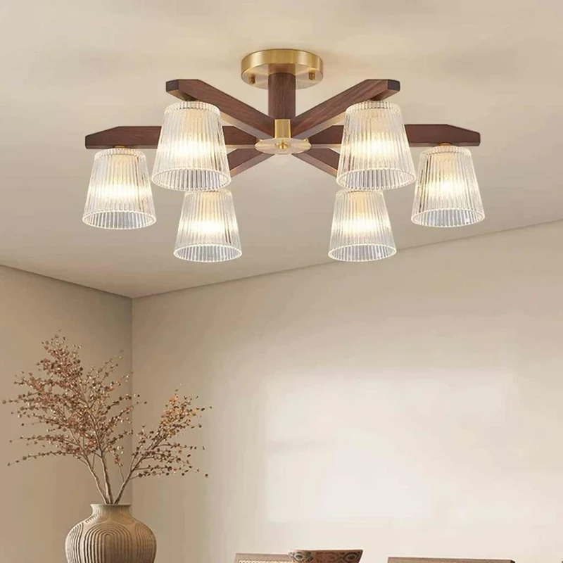 Semi-Flush Ceiling Light Contemporary Glass Walnut Wood