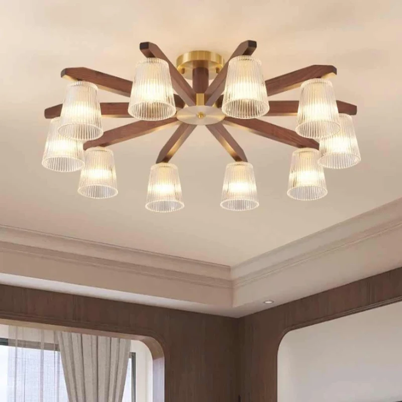 Semi-Flush Ceiling Light Contemporary Glass Walnut Wood