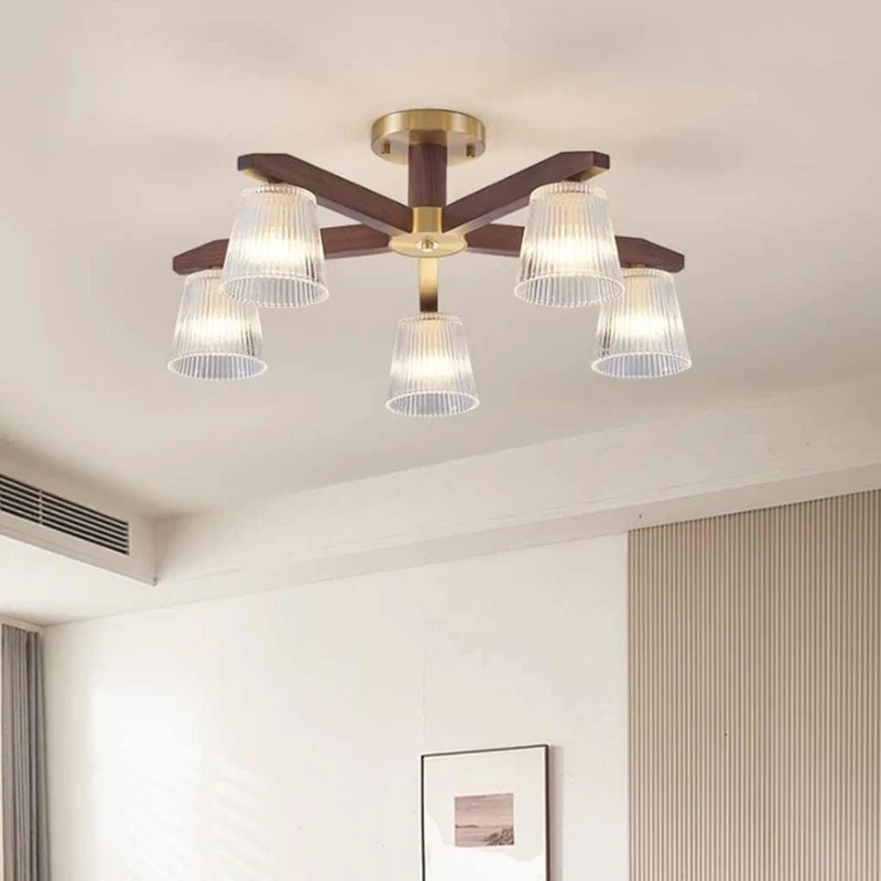 Semi-Flush Ceiling Light Contemporary Glass Walnut Wood