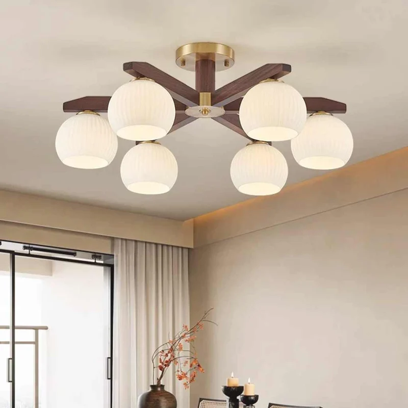 Semi-Flush Ceiling Light Contemporary Glass Walnut Wood