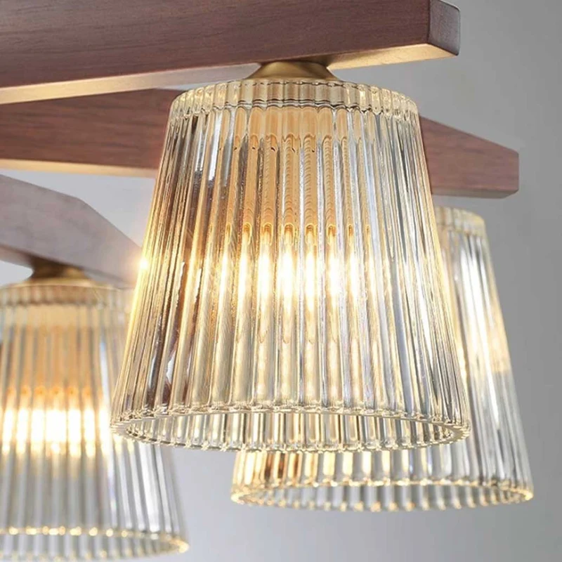 Semi-Flush Ceiling Light Contemporary Glass Walnut Wood