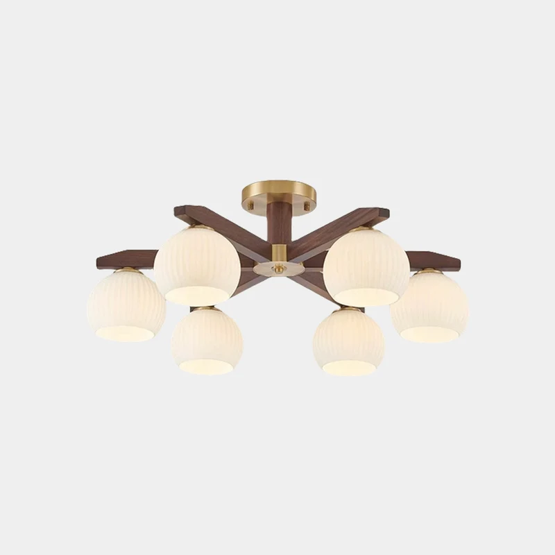 Semi-Flush Ceiling Light Contemporary Glass Walnut Wood