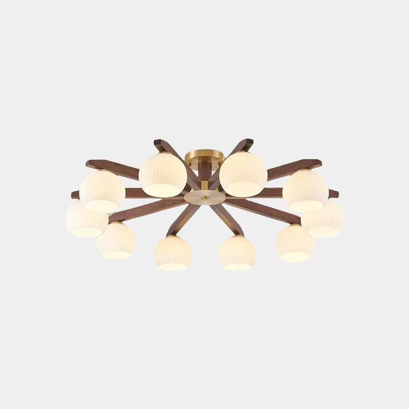 Semi-Flush Ceiling Light Contemporary Glass Walnut Wood