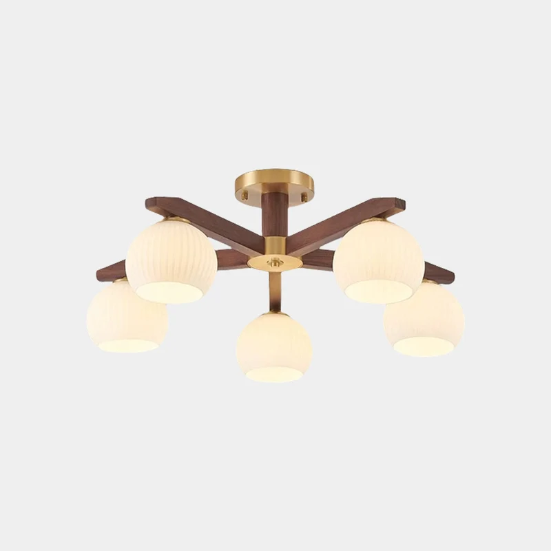 Semi-Flush Ceiling Light Contemporary Glass Walnut Wood