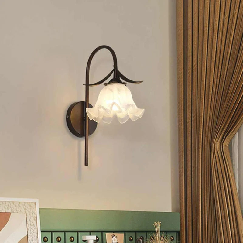 Wall Mounted Sconce Light Retro Iron White Glass Floral Lily of the Valley