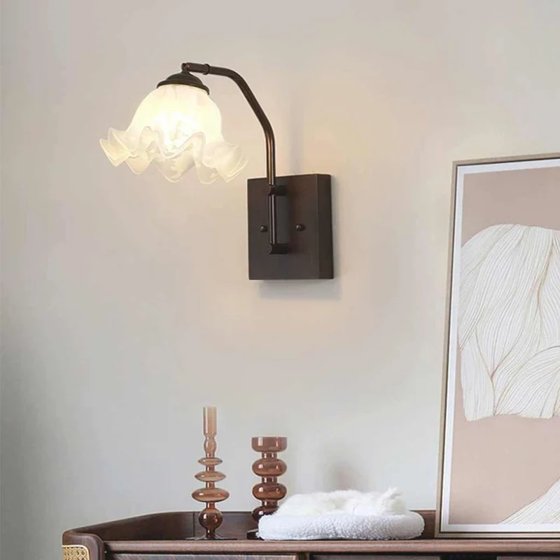 Wall Mounted Sconce Light Retro Iron White Glass Floral Lily of the Valley