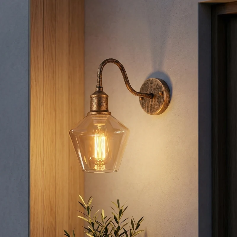 Wandleuchte im Vintage-Industriestil aus Kupfer mit bernsteinfarbenem Glas, E27~3677