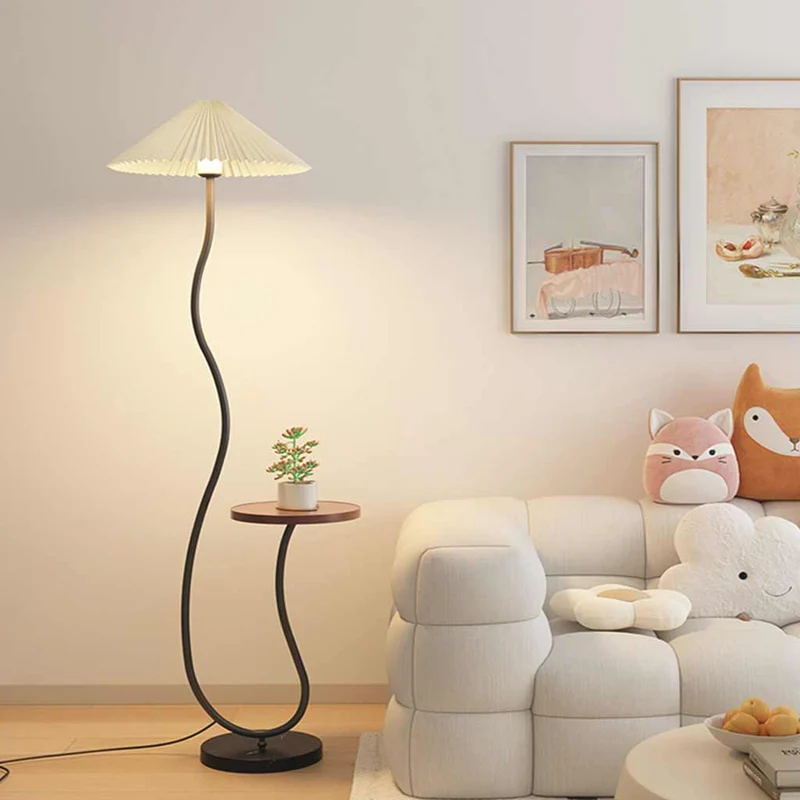 Floor Lamp Cream Curved Fabric Shade with Table