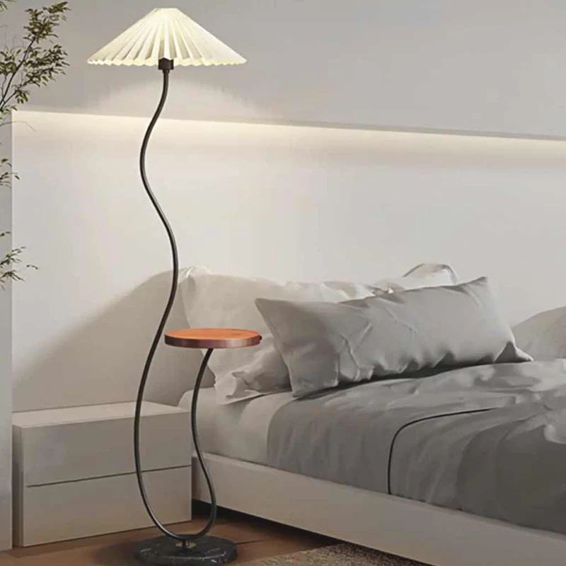 Floor Lamp Cream Curved Fabric Shade with Table