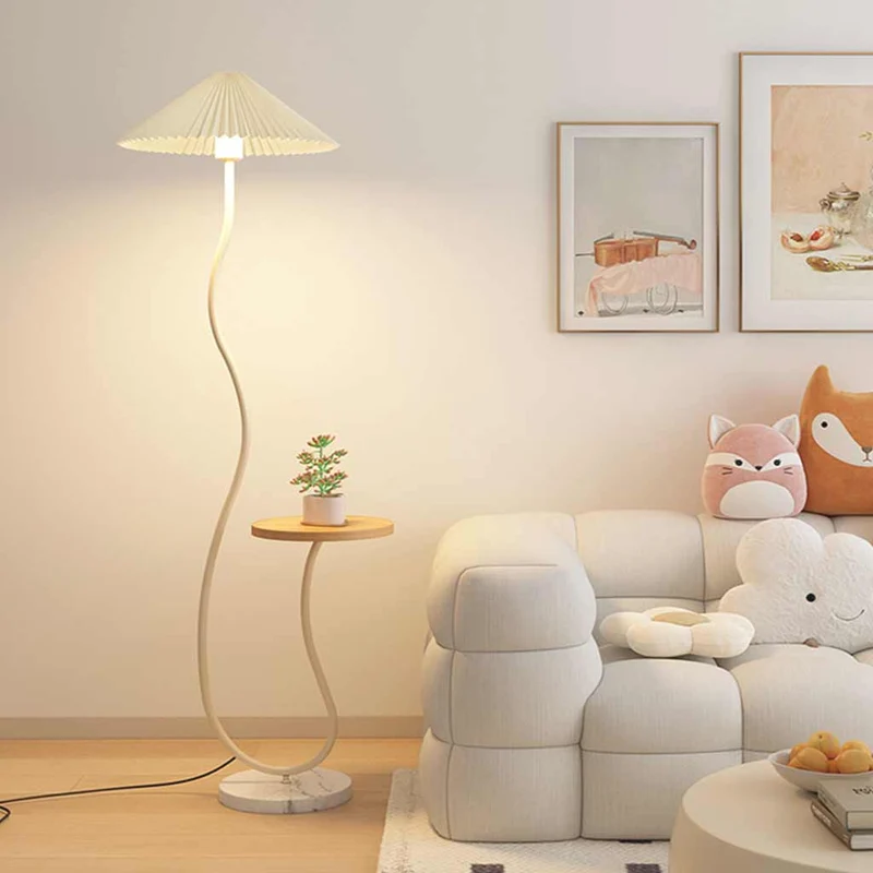 Floor Lamp Cream Curved Fabric Shade with Table