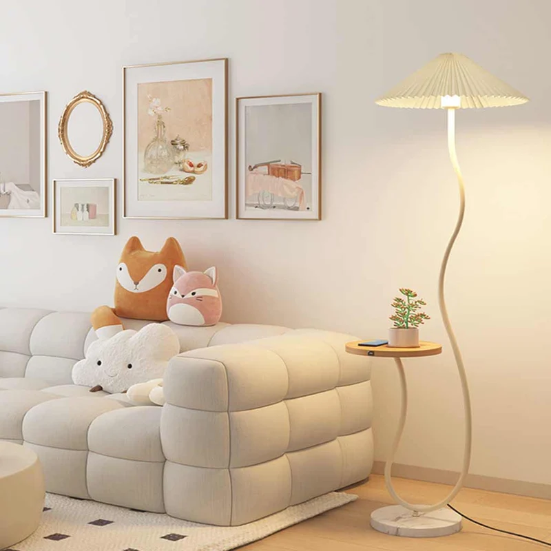 Floor Lamp Cream Curved Fabric Shade with Table