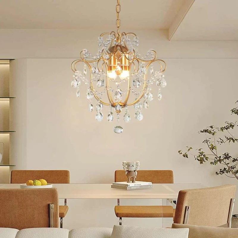 Pendant Chandelier Light French Unique Iron Crystal Drop, Gold