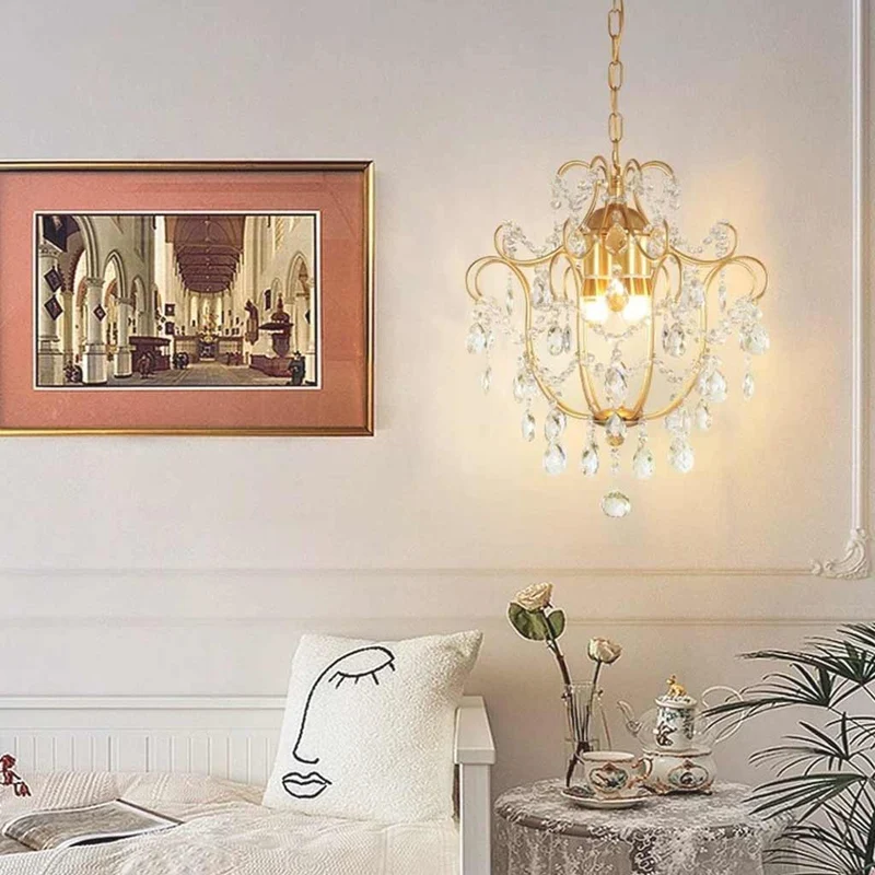 Pendant Chandelier Light French Unique Iron Crystal Drop, Gold