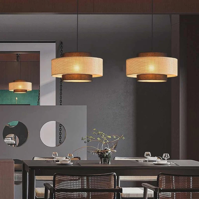 Pendant Light Japandi Retro Round Rattan Fabric Lantern