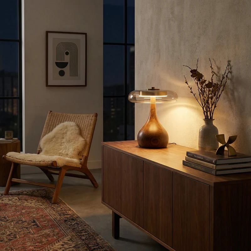 Tischlampe aus Holz und Kupferglas für Schlafzimmer – Maderi