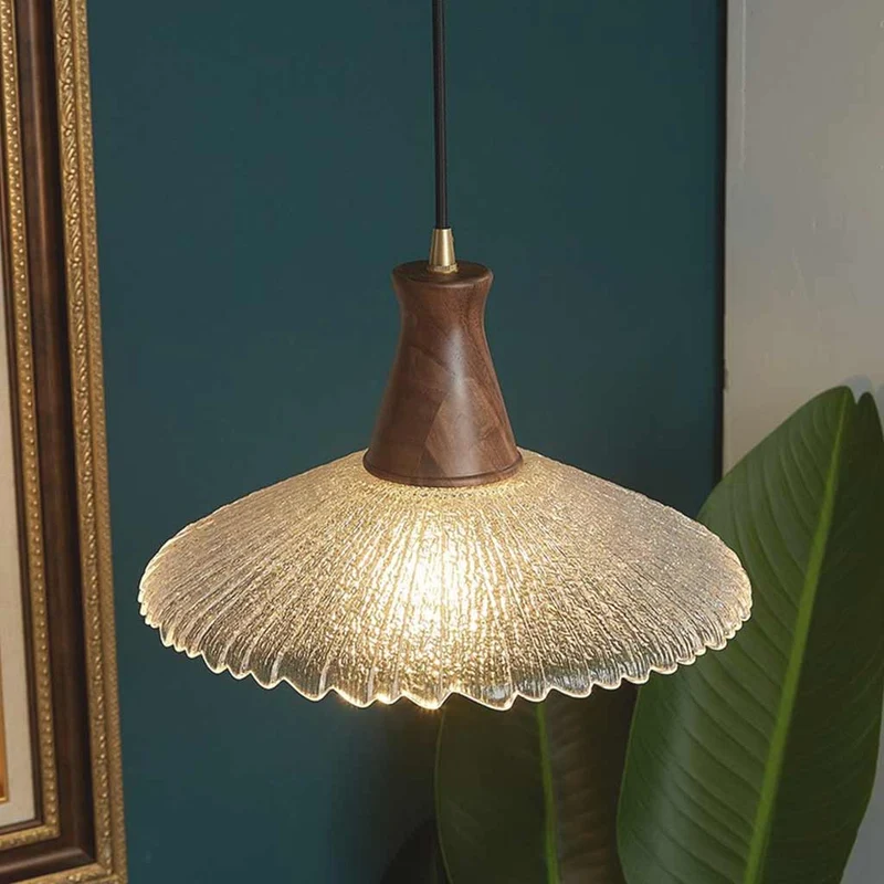 Pendant Light Vintage Japandi Saucer Brass Wood Glass Hat