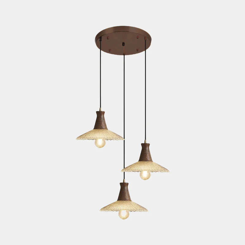 Pendant Light Vintage Japandi Saucer Brass Wood Glass Hat