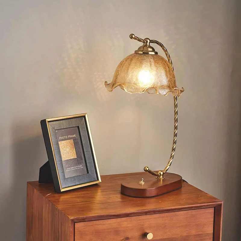Table Lamp Vintage Ambient Wood Amber Glass Flower