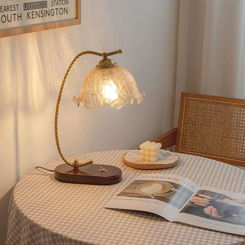 Table Lamp Vintage Ambient Wood Amber Glass Flower