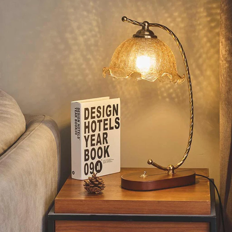 Table Lamp Vintage Ambient Wood Amber Glass Flower