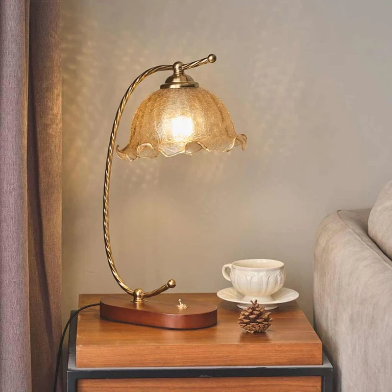 Table Lamp Vintage Ambient Wood Amber Glass Flower
